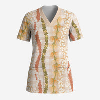 Hawaiian Ohia Lehua Lei Scrub Top Plaid Palaka Ahiehie Pattern LT9 Adult Beige - Polynesian Pride
