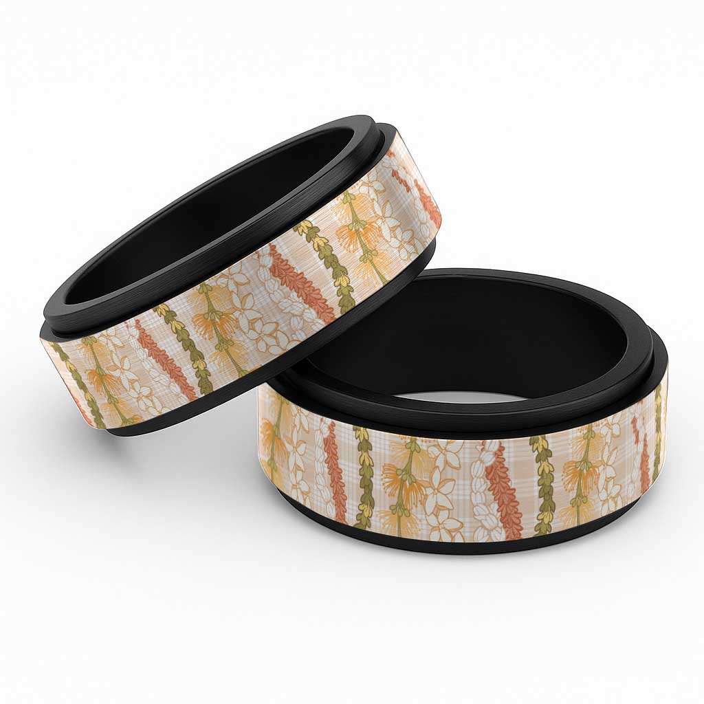 Hawaiian Ohia Lehua Lei Spinner Ring Plaid Palaka Ahiehie Pattern LT9 Black Beige - Polynesian Pride