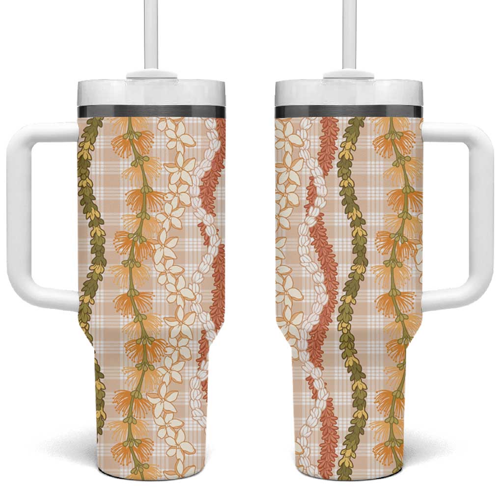 Hawaiian Ohia Lehua Lei Tumbler With Handle Plaid Palaka Ahiehie Pattern LT9 One Size: 40 oz Beige - Polynesian Pride