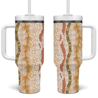 Hawaiian Ohia Lehua Lei Tumbler With Handle Plaid Palaka Ahiehie Pattern LT9 One Size: 40 oz Beige - Polynesian Pride