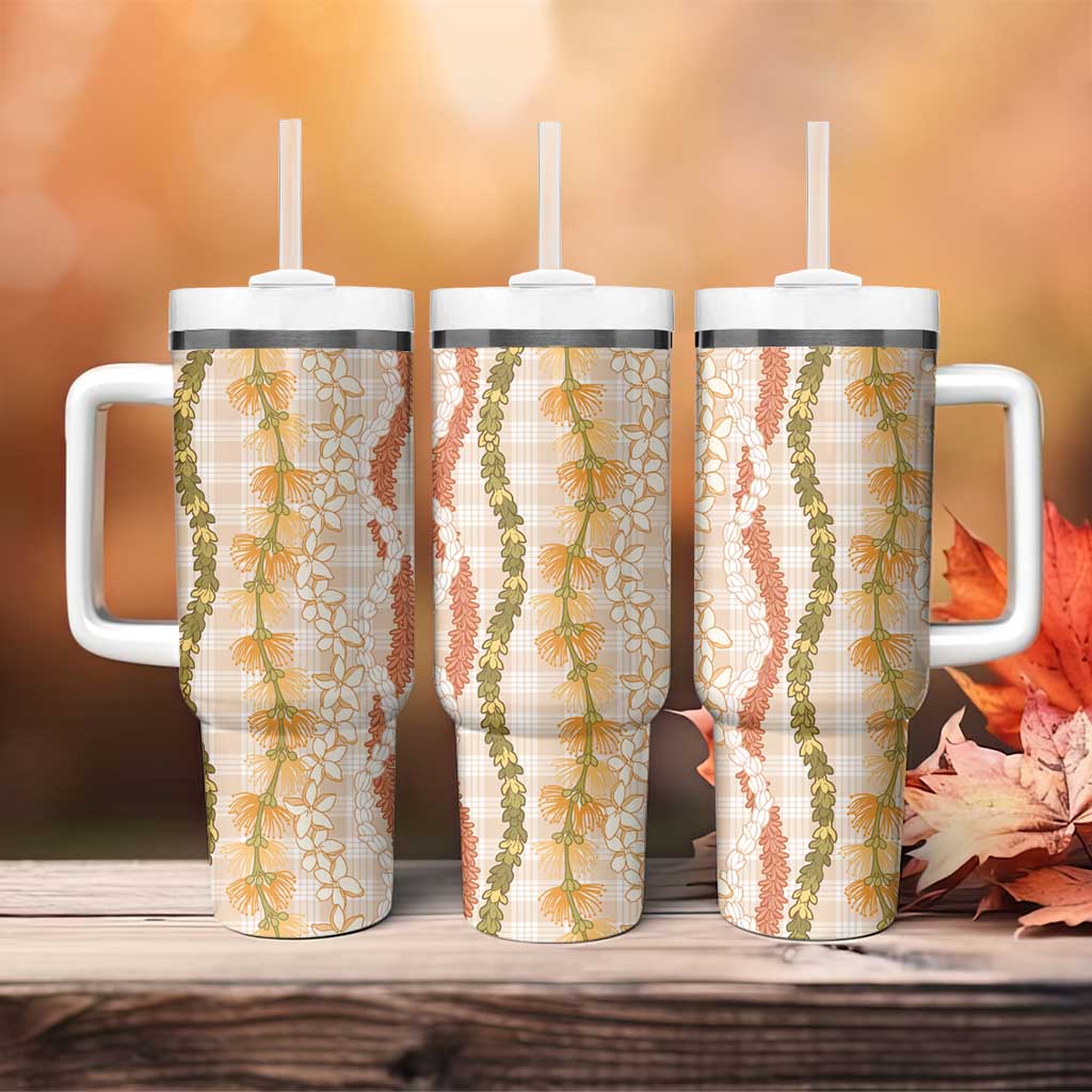 Hawaiian Ohia Lehua Lei Tumbler With Handle Plaid Palaka Ahiehie Pattern LT9 - Polynesian Pride