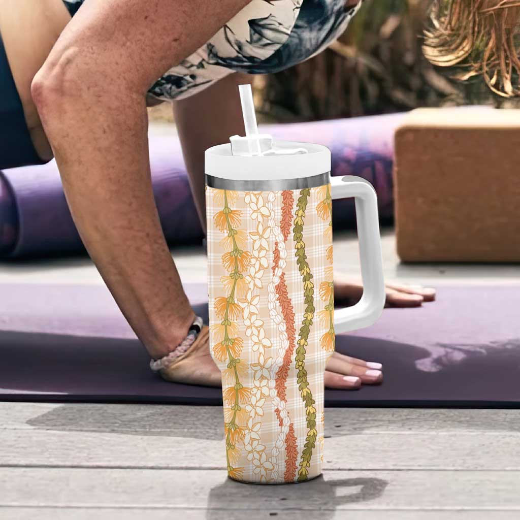 Hawaiian Ohia Lehua Lei Tumbler With Handle Plaid Palaka Ahiehie Pattern LT9 - Polynesian Pride