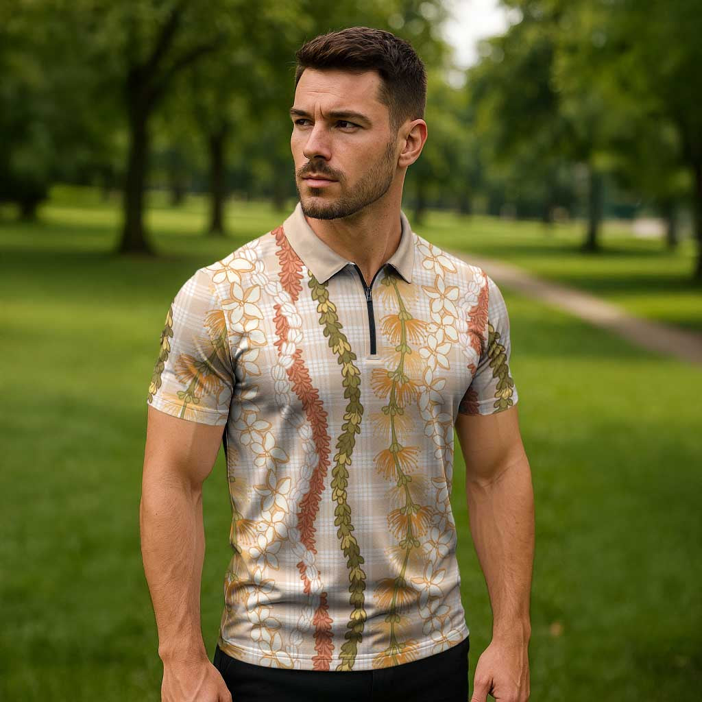Hawaiian Ohia Lehua Lei Zipper Polo Shirt Plaid Palaka Ahiehie Pattern LT9 - Polynesian Pride