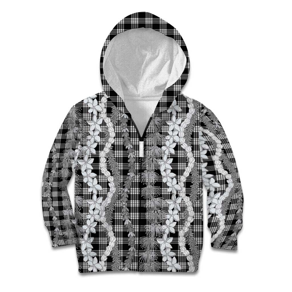 Hawaiian Ohia Lehua Lei Kid Hoodie Plaid Palaka Eleele Pattern LT9 Zip Hoodie Black - Polynesian Pride