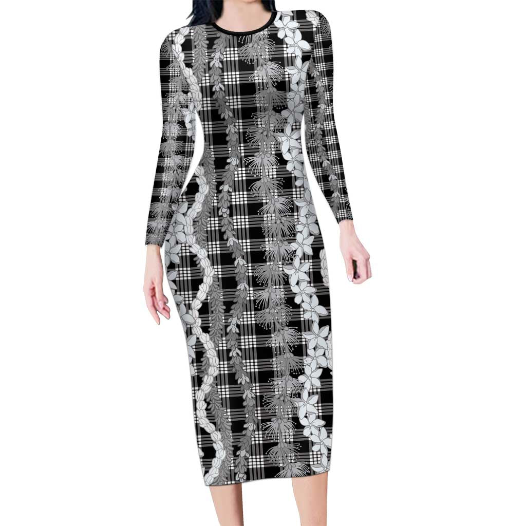Hawaiian Ohia Lehua Lei Long Sleeve Bodycon Dress Plaid Palaka Eleele Pattern LT9 Long Dress Black - Polynesian Pride