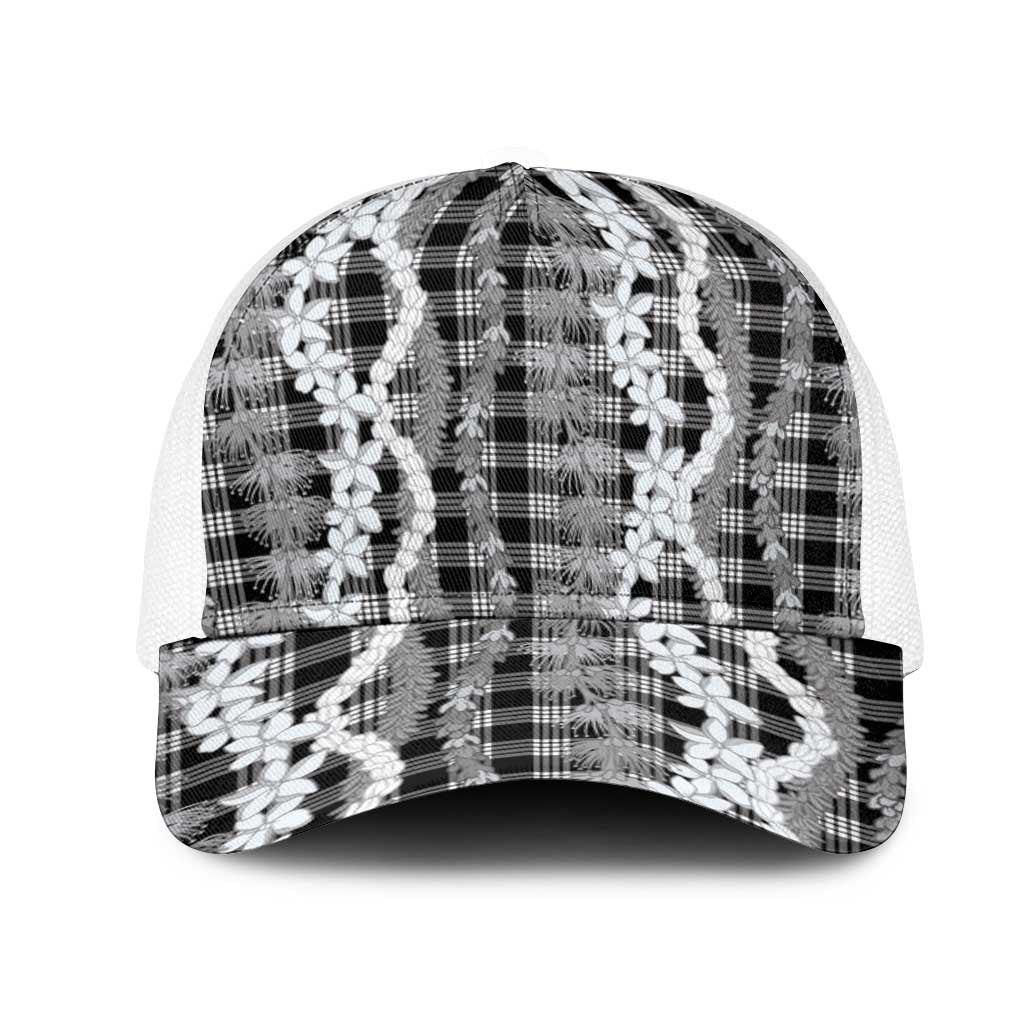 Hawaiian Ohia Lehua Lei Mesh Trucker Cap Plaid Palaka Eleele Pattern LT9 One Size White Black - Polynesian Pride
