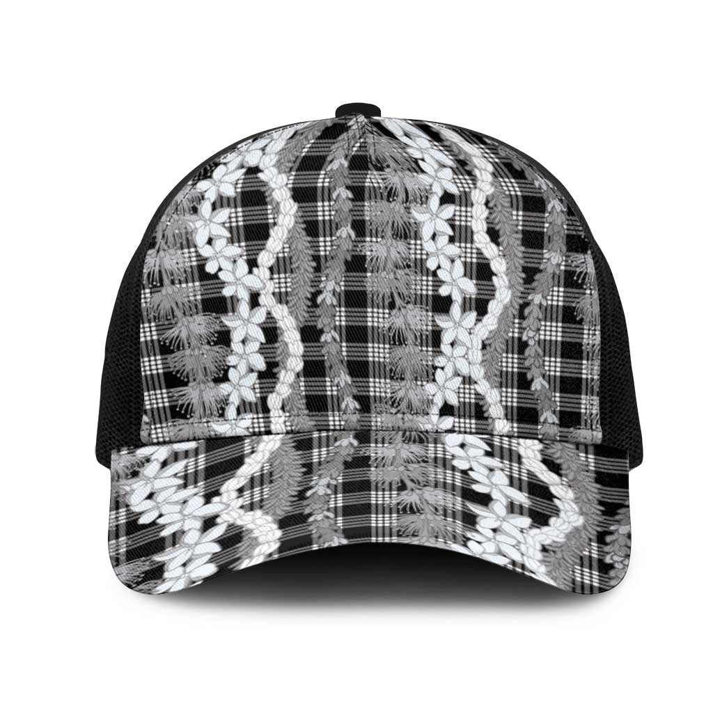Hawaiian Ohia Lehua Lei Mesh Trucker Cap Plaid Palaka Eleele Pattern LT9 One Size Black Black - Polynesian Pride