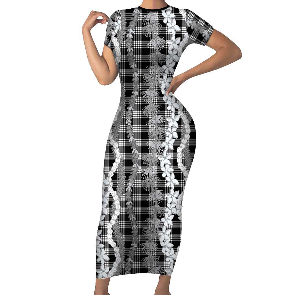 Hawaiian Ohia Lehua Lei Short Sleeve Bodycon Dress Plaid Palaka Eleele Pattern LT9 Long Dress Black - Polynesian Pride