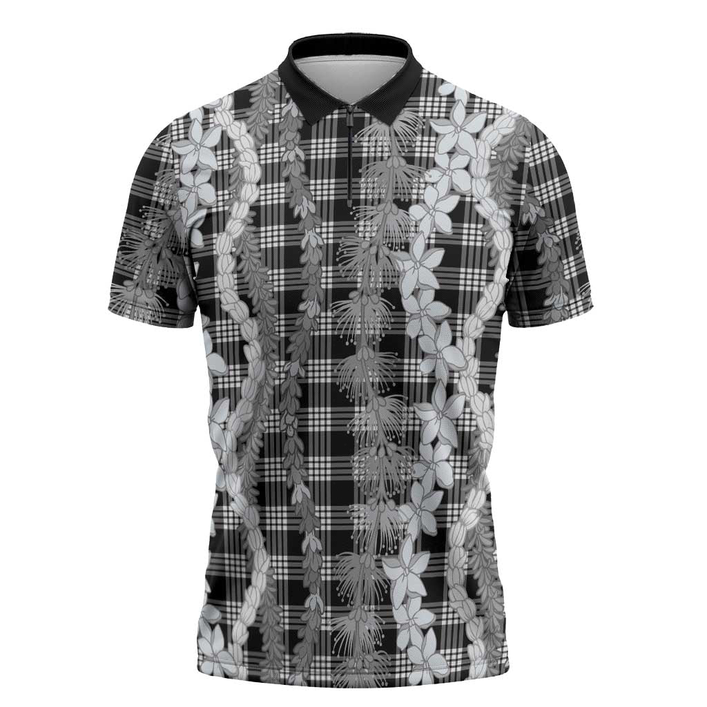 Hawaiian Ohia Lehua Lei Zipper Polo Shirt Plaid Palaka Eleele Pattern LT9 Black - Polynesian Pride