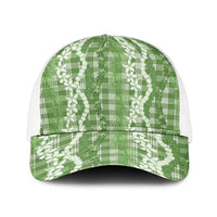 Hawaiian Ohia Lehua Lei Baseball Net Cap Plaid Palaka Omaomao Pattern LT9 One Size White Green - Polynesian Pride