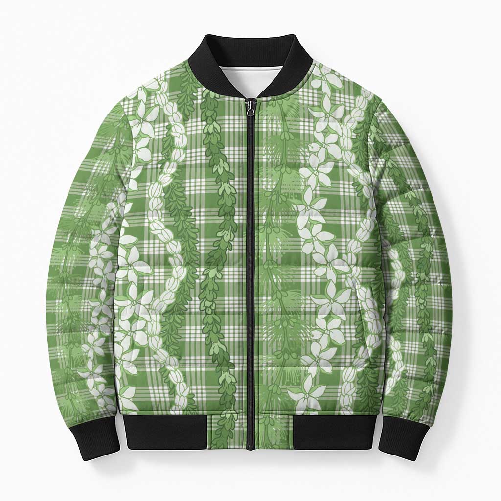 Hawaiian Ohia Lehua Lei Bomber Puffer Jacket Plaid Palaka Omaomao Pattern LT9 Unisex Green - Polynesian Pride