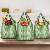Hawaiian Ohia Lehua Lei Grocery Bag Plaid Palaka Omaomao Pattern LT9 3-pack One Size Green - Polynesian Pride