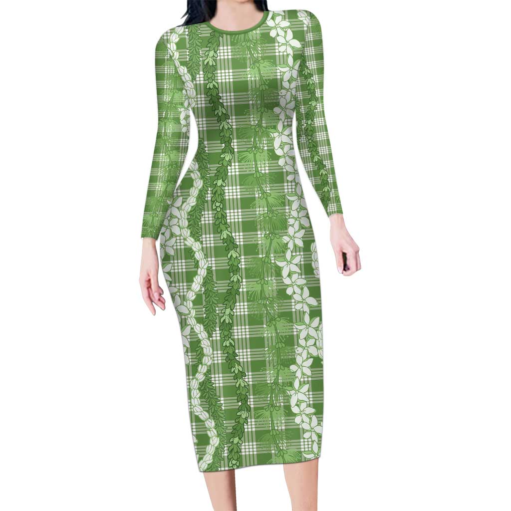 Hawaiian Ohia Lehua Lei Long Sleeve Bodycon Dress Plaid Palaka Omaomao Pattern LT9 Long Dress Green - Polynesian Pride