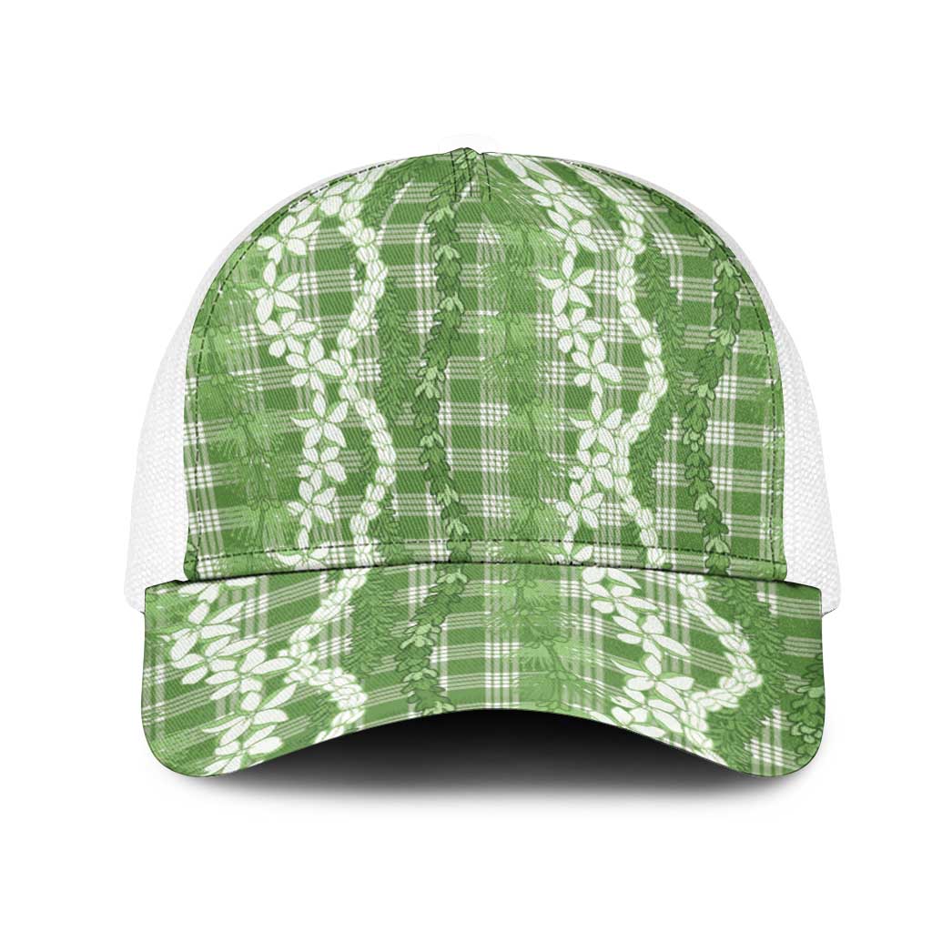 Hawaiian Ohia Lehua Lei Mesh Trucker Cap Plaid Palaka Omaomao Pattern LT9 One Size White Green - Polynesian Pride