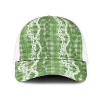 Hawaiian Ohia Lehua Lei Mesh Trucker Cap Plaid Palaka Omaomao Pattern LT9 One Size White Green - Polynesian Pride