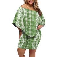 Hawaiian Ohia Lehua Lei Off Shoulder Short Dress Plaid Palaka Omaomao Pattern LT9 Women Green - Polynesian Pride