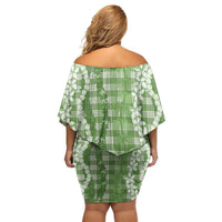 Hawaiian Ohia Lehua Lei Off Shoulder Short Dress Plaid Palaka Omaomao Pattern LT9 - Polynesian Pride