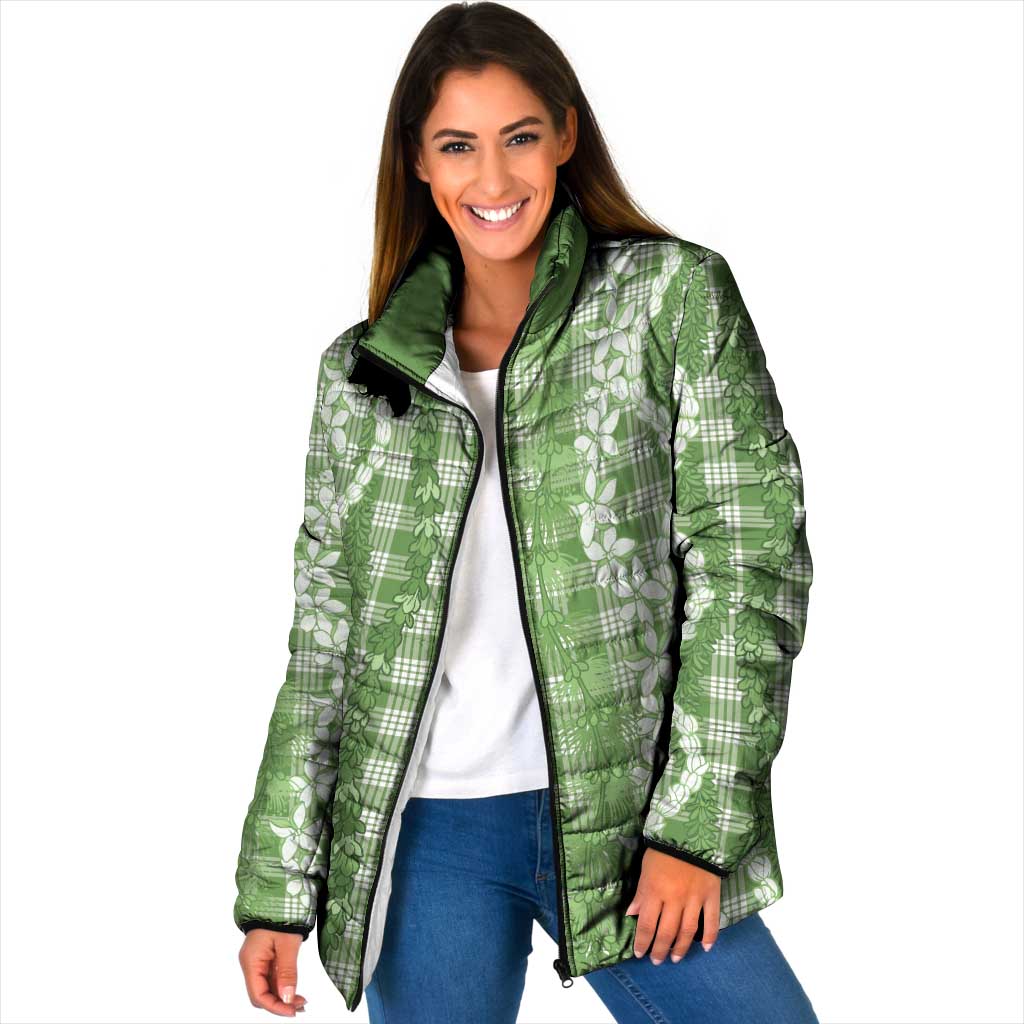 Hawaiian Ohia Lehua Lei Padded Jacket Plaid Palaka Omaomao Pattern LT9 Women Green - Polynesian Pride