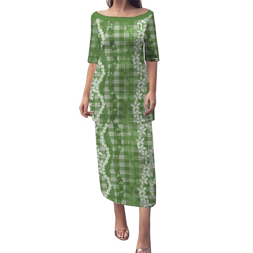 Hawaiian Ohia Lehua Lei Puletasi Plaid Palaka Omaomao Pattern LT9 Long Dress Green - Polynesian Pride