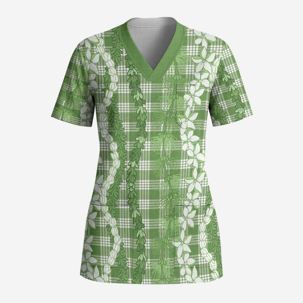 Hawaiian Ohia Lehua Lei Scrub Top Plaid Palaka Omaomao Pattern LT9 Adult Green - Polynesian Pride