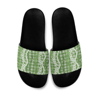 Hawaiian Ohia Lehua Lei Slide Sandals Plaid Palaka Omaomao Pattern LT9 Green - Polynesian Pride