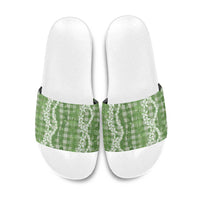 Hawaiian Ohia Lehua Lei Slide Sandals Plaid Palaka Omaomao Pattern LT9 Green - Polynesian Pride