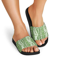 Hawaiian Ohia Lehua Lei Slide Sandals Plaid Palaka Omaomao Pattern LT9 - Polynesian Pride