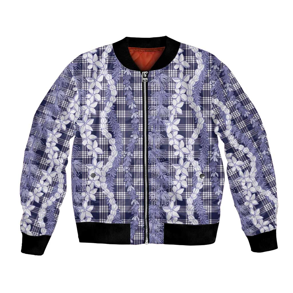Hawaiian Ohia Lehua Lei Bomber Jacket Plaid Palaka Uliuli hohonu Pattern LT9 Unisex Navy - Polynesian Pride