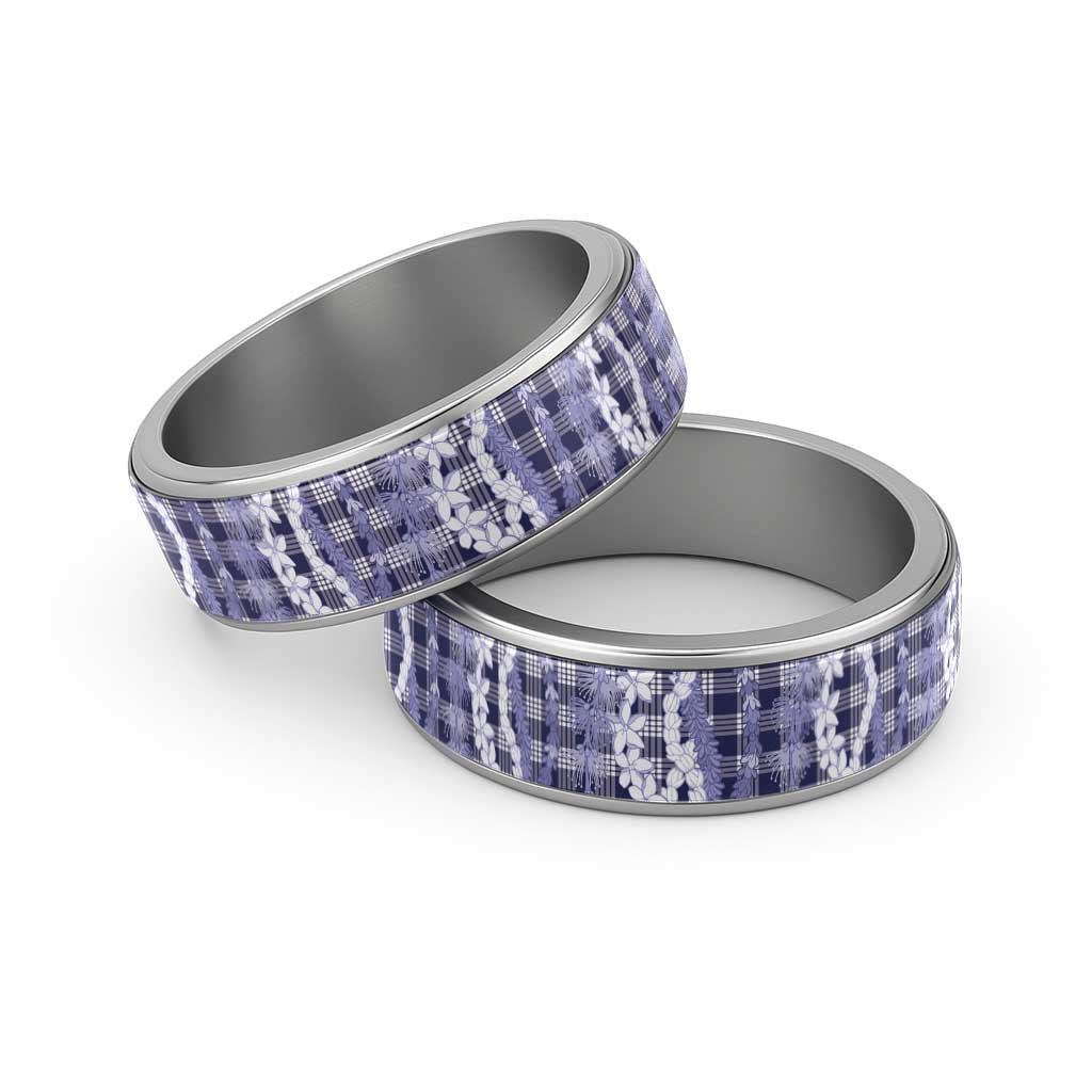Hawaiian Ohia Lehua Lei Classic Ring Plaid Palaka Uliuli hohonu Pattern LT9 Sliver Navy - Polynesian Pride