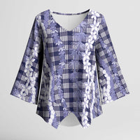 Hawaiian Ohia Lehua Lei Kimono Sleeve Blouse Plaid Palaka Uliuli hohonu Pattern LT9 Female Navy - Polynesian Pride