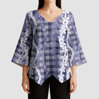 Hawaiian Ohia Lehua Lei Kimono Sleeve Blouse Plaid Palaka Uliuli hohonu Pattern LT9 - Polynesian Pride