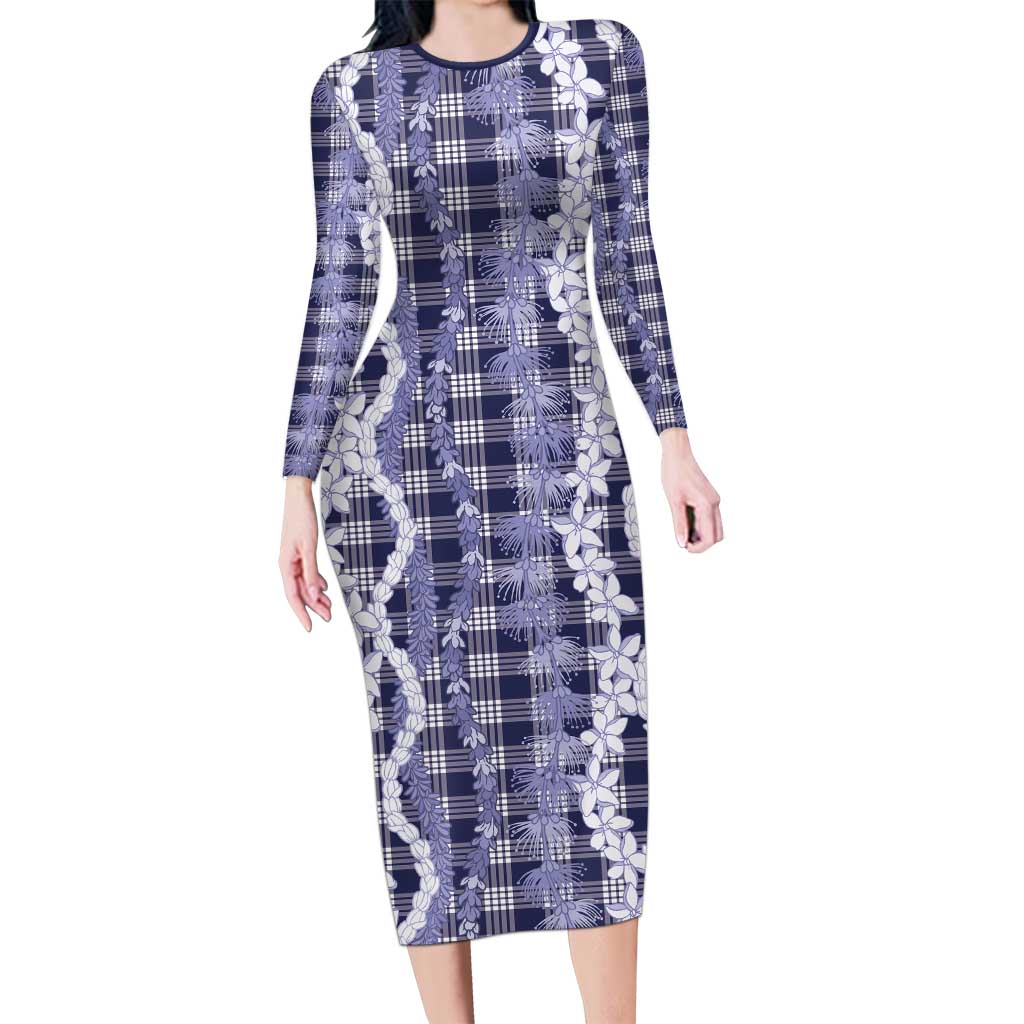 Hawaiian Ohia Lehua Lei Long Sleeve Bodycon Dress Plaid Palaka Uliuli hohonu Pattern LT9 Long Dress Navy - Polynesian Pride