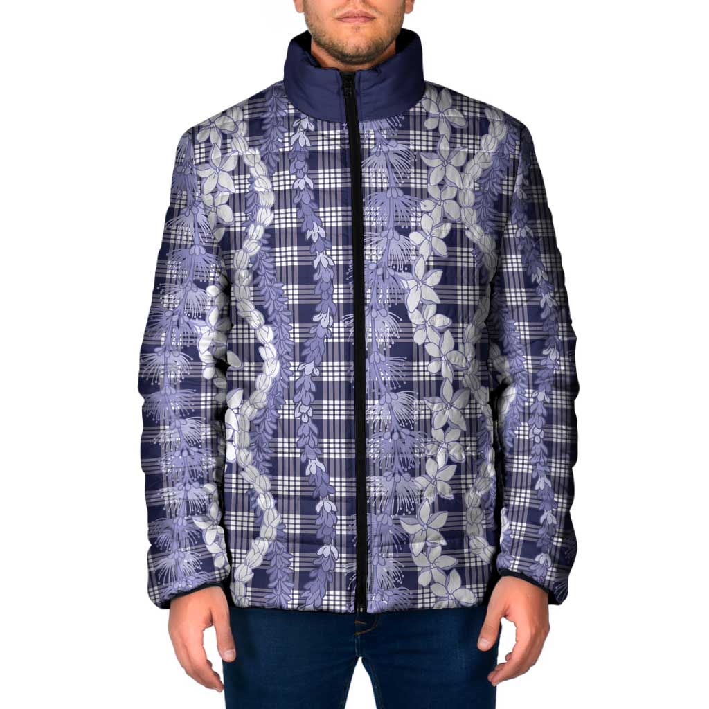 Hawaiian Ohia Lehua Lei Padded Jacket Plaid Palaka Uliuli hohonu Pattern LT9 Men Navy - Polynesian Pride