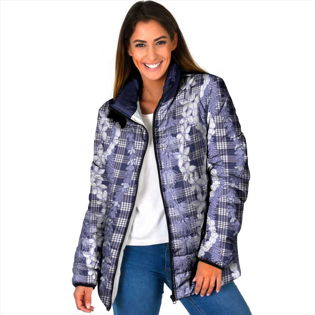 Hawaiian Ohia Lehua Lei Padded Jacket Plaid Palaka Uliuli hohonu Pattern LT9 Women Navy - Polynesian Pride