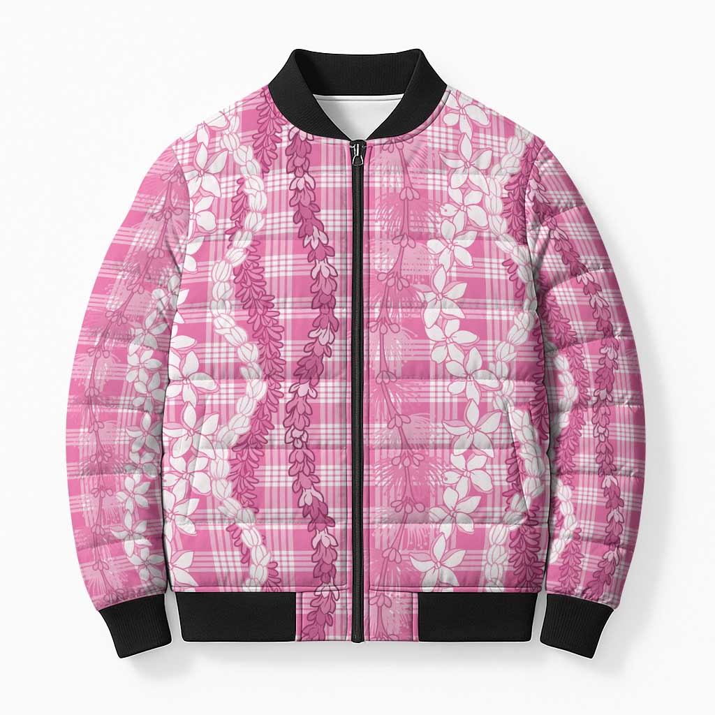 Hawaiian Ohia Lehua Lei Bomber Puffer Jacket Plaid Palaka Akala Pattern LT9 Unisex Pink - Polynesian Pride