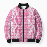 Hawaiian Ohia Lehua Lei Bomber Puffer Jacket Plaid Palaka Akala Pattern LT9 Unisex Pink - Polynesian Pride