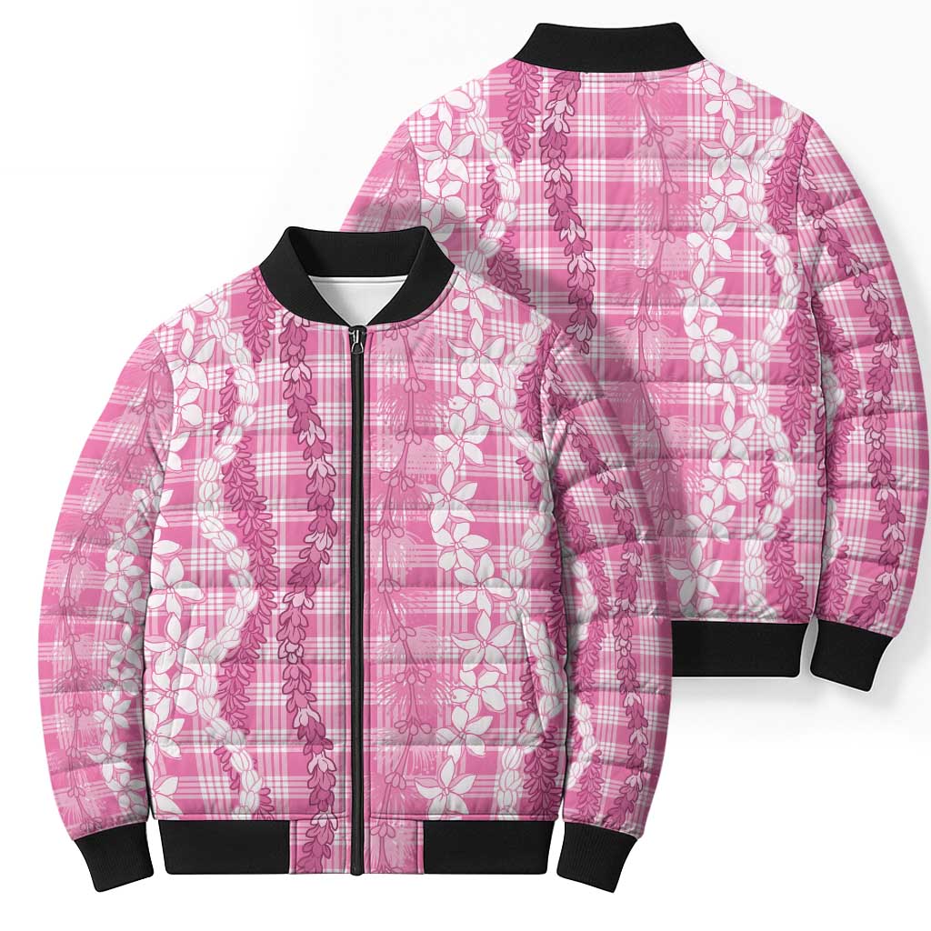 Hawaiian Ohia Lehua Lei Bomber Puffer Jacket Plaid Palaka Akala Pattern LT9 - Polynesian Pride