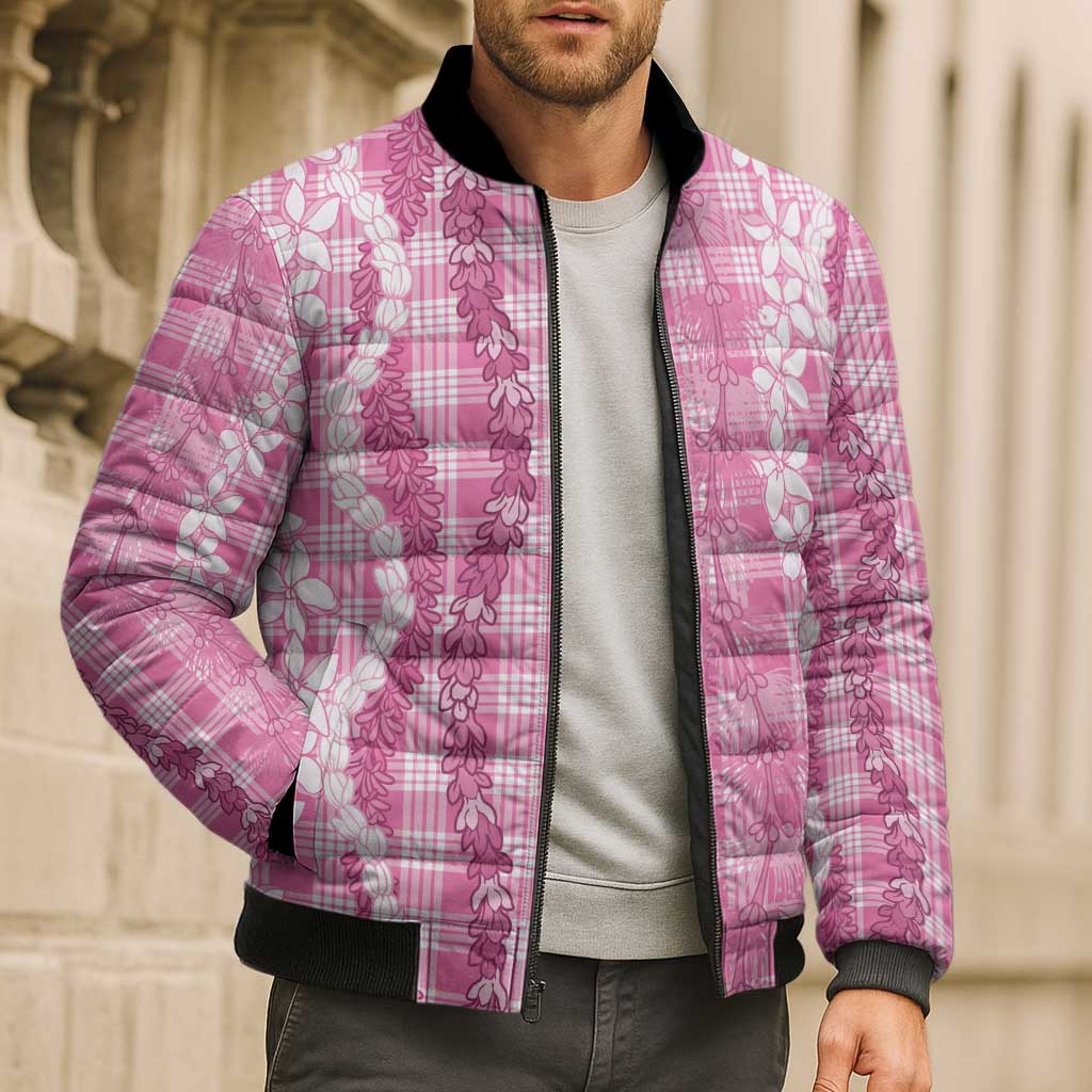 Hawaiian Ohia Lehua Lei Bomber Puffer Jacket Plaid Palaka Akala Pattern LT9 - Polynesian Pride