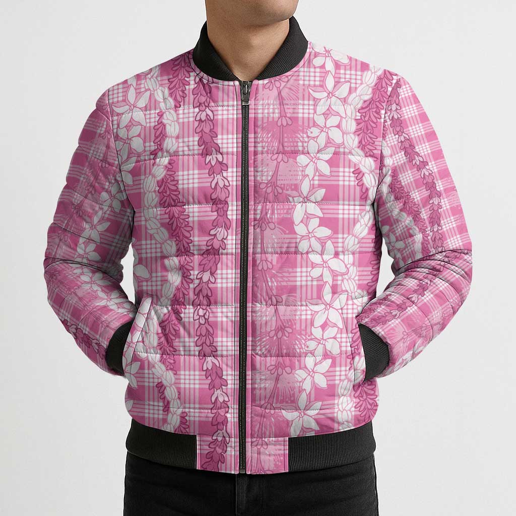 Hawaiian Ohia Lehua Lei Bomber Puffer Jacket Plaid Palaka Akala Pattern LT9 - Polynesian Pride
