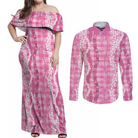 Hawaiian Ohia Lehua Lei Couples Matching Off Shoulder Maxi Dress and Long Sleeve Button Shirt Plaid Palaka Akala Pattern LT9 Pink - Polynesian Pride