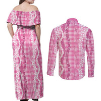 Hawaiian Ohia Lehua Lei Couples Matching Off Shoulder Maxi Dress and Long Sleeve Button Shirt Plaid Palaka Akala Pattern LT9 - Polynesian Pride