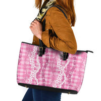Hawaiian Ohia Lehua Lei Leather Tote Bag Plaid Palaka Akala Pattern LT9 Pink - Polynesian Pride