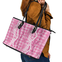 Hawaiian Ohia Lehua Lei Leather Tote Bag Plaid Palaka Akala Pattern LT9 - Polynesian Pride