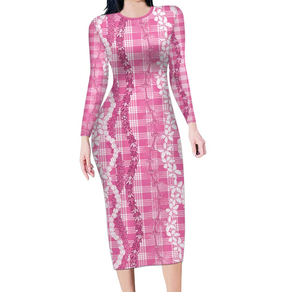 Hawaiian Ohia Lehua Lei Long Sleeve Bodycon Dress Plaid Palaka Akala Pattern LT9 Long Dress Pink - Polynesian Pride
