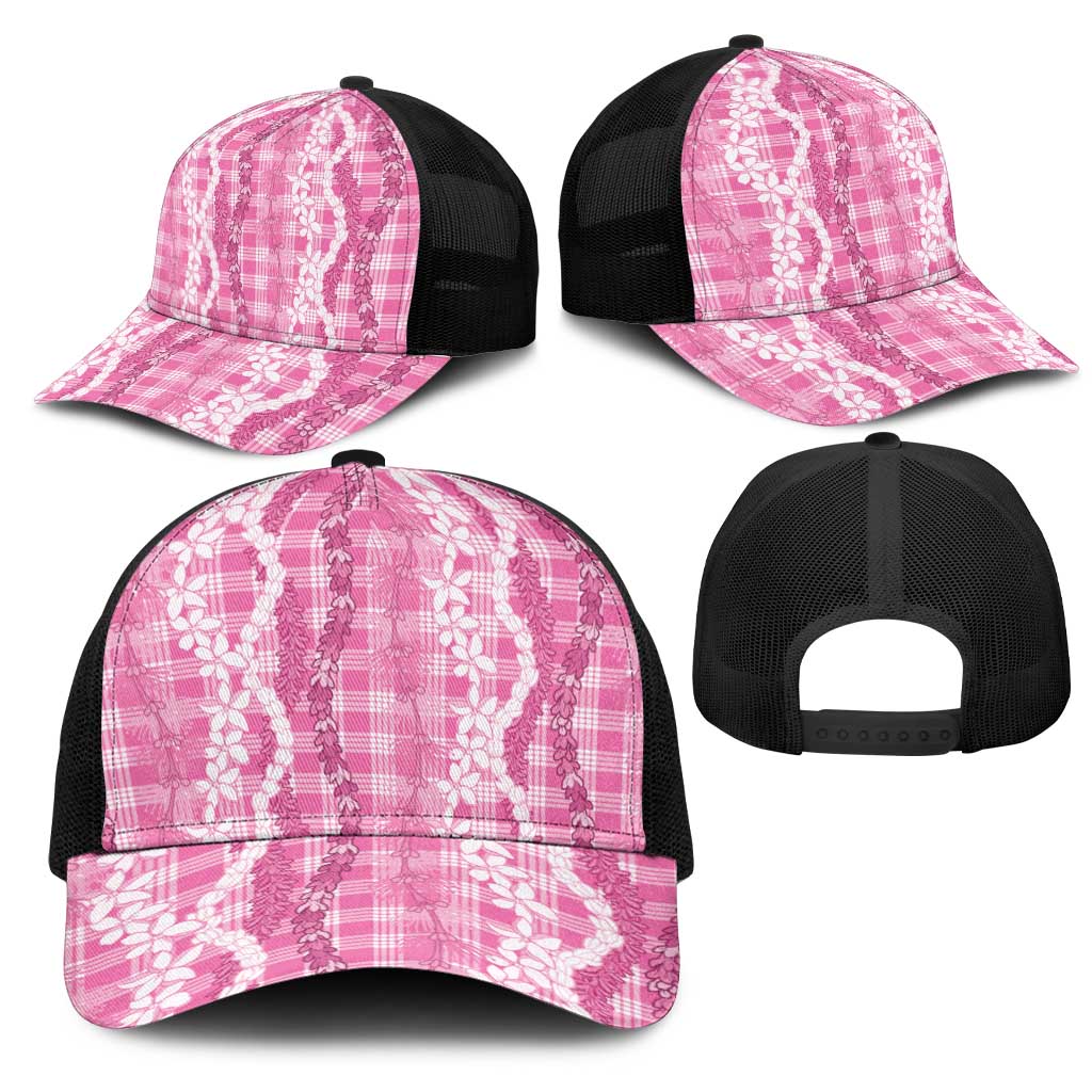 Hawaiian Ohia Lehua Lei Mesh Trucker Cap Plaid Palaka Akala Pattern LT9 - Polynesian Pride