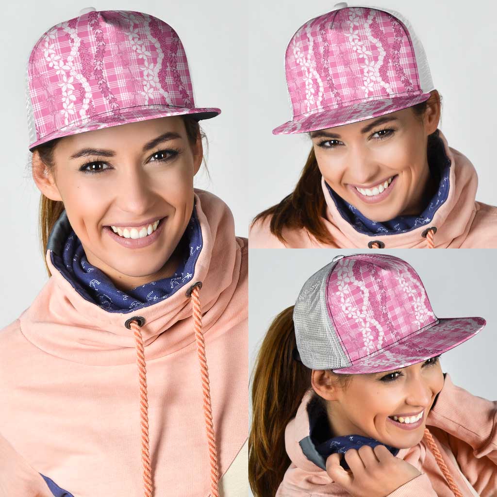 Hawaiian Ohia Lehua Lei Mesh Trucker Cap Plaid Palaka Akala Pattern LT9 - Polynesian Pride