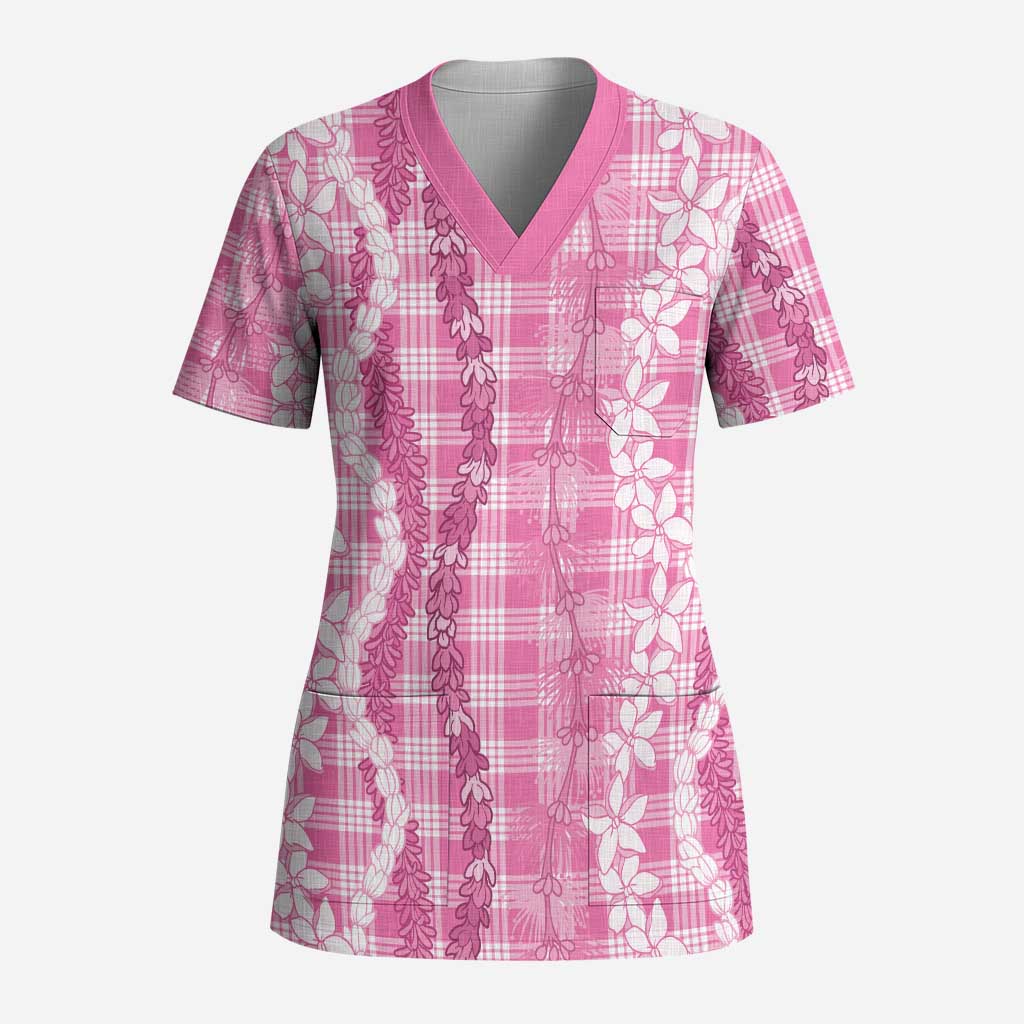 Hawaiian Ohia Lehua Lei Scrub Top Plaid Palaka Akala Pattern LT9 Adult Pink - Polynesian Pride