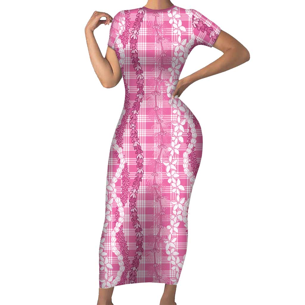 Hawaiian Ohia Lehua Lei Short Sleeve Bodycon Dress Plaid Palaka Akala Pattern LT9 Long Dress Pink - Polynesian Pride