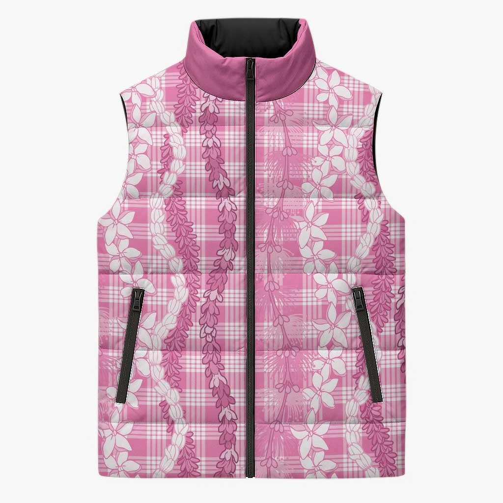 Hawaiian Ohia Lehua Lei Sleeveless Puffer Jacket Plaid Palaka Akala Pattern LT9 Unisex Pink - Polynesian Pride