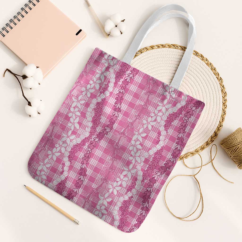 Hawaiian Ohia Lehua Lei Tote Bag Plaid Palaka Akala Pattern LT9 White Strap One Size Pink - Polynesian Pride